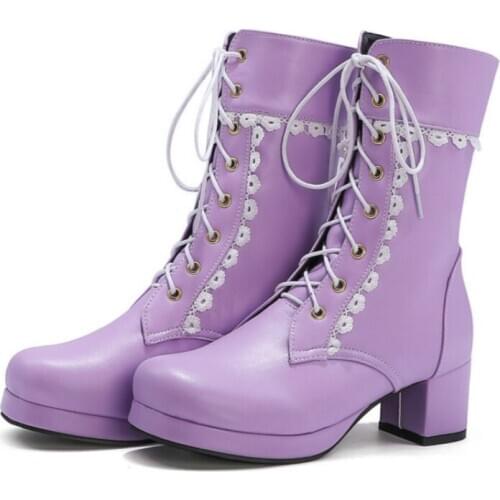Girls Sexy Lolita Mid Calf Boots Women Motorcycle Shoes Autumn Winter Stylish Lady Lace Platforms Leather Shoes Party Botas 2020
