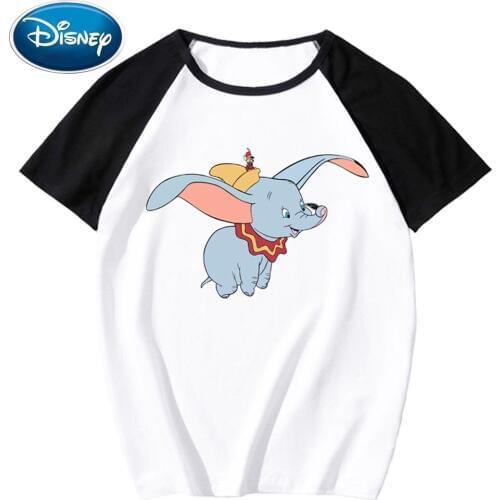 Disney Stylish Dumbo Elephant Mouse Cartoon Print O-Neck Pullover Short Sleeve Contrast Color T-Shirt Unisex Loose Top 10 Color