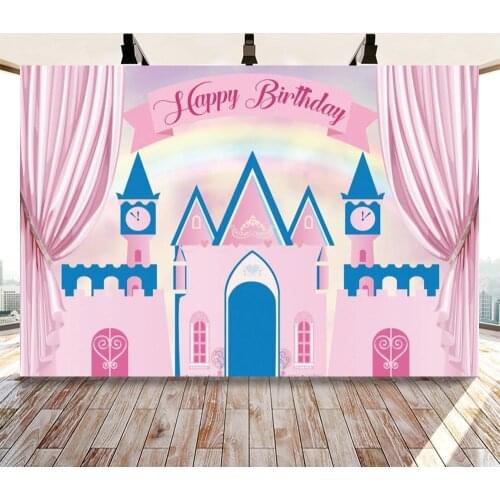 Backdrop Photography Princess Blue Castle Pink Curtain Happy Birthday Childrens Photographic Backgrounds Photocall Photo Prop