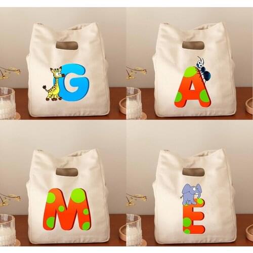 26 Initials Printed Functional Cooler Lunch Box Portable Insulated Canvas Bags Thermal Travel Picnic Food Pouch for Women Kids