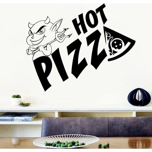 Hot Pizza Sign Wall Sticker Pizzeria Window Logo Wall Decal Devil Art Fast Food Decoration for Pizzeria Restaurant Decor Z915