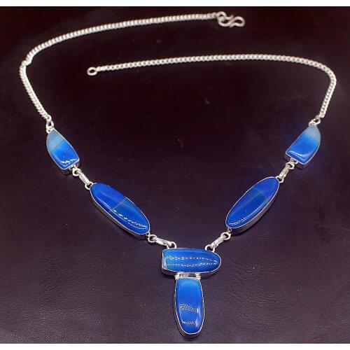Hermosa Jewelry New Arrival Blue BotswanaAgate Unique Silver Color Chain Necklace for Women Ladies Gift 20 Inch FQ52