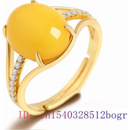 Yellow Amber Ring Charm Fashion Crystal Gemstone 925 Silver Zircon Natural Jewelry Amulet Gift Women