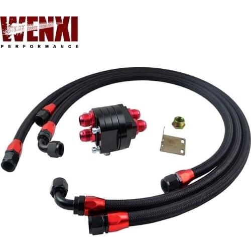 Black Aluminum Oil Filter Cooler Relocation Kit + 3x Black Braided Hose Line + Adapter