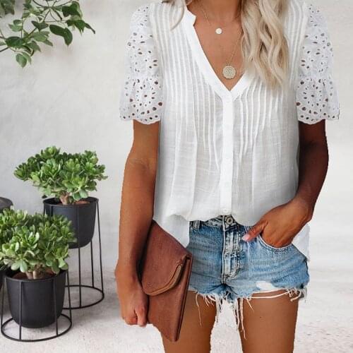 Summer Solid Color V-neck Pleated Lace Stitching Short Sleeve Shirt Casual Elegant Loose White Chiffon Shirt 6 Colors Plus Size