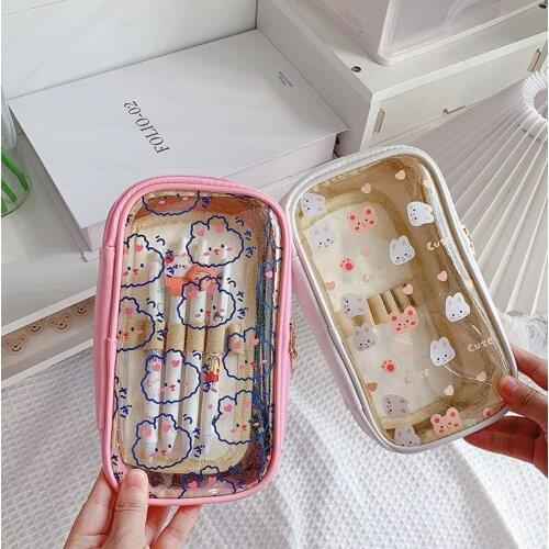 Cartoon Creative Transparent Pencil Case High Capacity Student Stationery Storage Bag Cute Bunny Kawaii School Supplies Bag