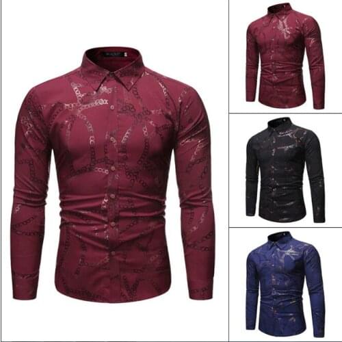Mens Printed Shirt Chain Printed Pattern Casual Fashion Cardigan Long Sleeve Turn Down Collar Slim Type Shirt