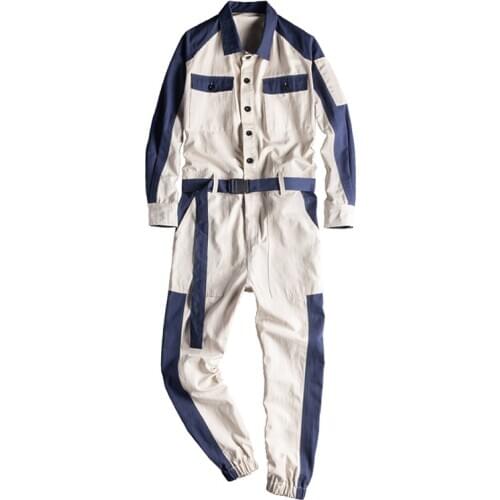 Sokotoo Mens contrast color beige joggers with belt jumpsuits Long sleeve patchwork overalls Coveralls