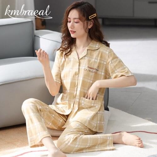 Pajamas Set Women Long Sleeve Grid Sleepwear Pure Cotton Autumn Homewear 2Piece/Set Leisure Home Clothes Female Plus Size 3xl