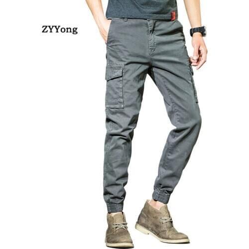Casual Pants Men Cargo Pants Cotton Gray Overalls Fashion Big Pocket Beam Feet Slim Military Outdoor Sports Black Trousers