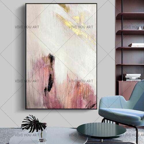 Hand painted Abstract Gold and Pink Color Oil Paintings Modern Canvas Painting Wall Painting for Living Room home Decoration