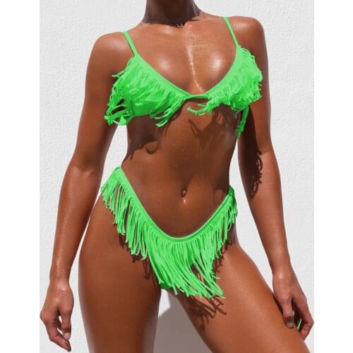Sexy Tassel Two Piece Swimwear Women Swimsuits Solid Color Bikini Top Swimming Trunks Monokini Beach Bathing Suit