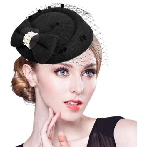 Fashion Women Girl Bow Felt Hat Hair Clip Lace Point Decor FeatherMini Top Hat Fascinator Fancy Cocktail Party Dress Accessories