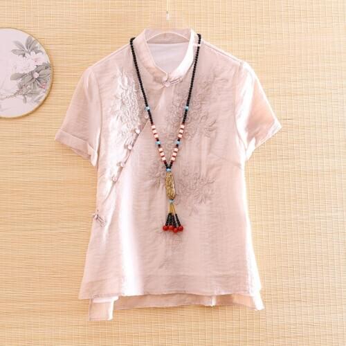 High-end Spring Summer Blouse Shirt Women Chinese Tencel Embroidery Linen Cotton Loose Lady Shirt Top S-XXL