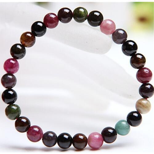 Fashion Jewelry Stretch Bracelet Women 6.5mm Genuine Natural Tourmaline Gems Stone Crystal Quartz Charm Bracelet Femme