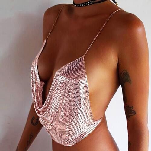 2020 New Elegant Metal Crop Top Summer Sexy Club Backless Bralette Beach Halter Gold Sequined Party Women Tank Top Camisole