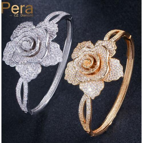 Pera New Fashion Open Cuff Design Jewelry Big Flower Cubic Zirconia Mirco Pave Beautiful Lover Bangle for Women Accessories Z026