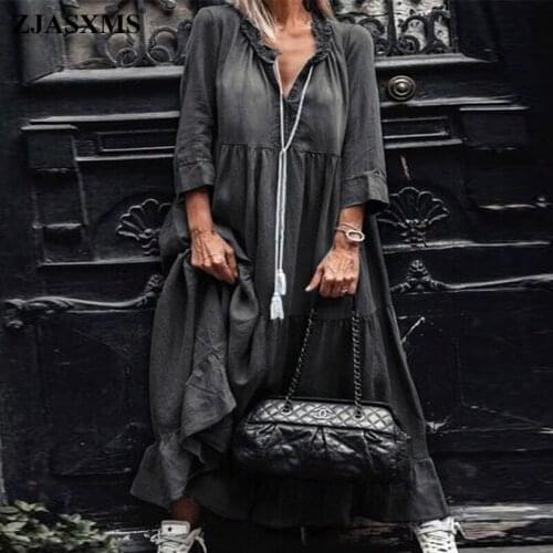 Casual V Neck Drawstring Women Denim Dress 2020 Autumn Three Quarter Sleeve Loose Jean Dress VintageHarajuku Cowboy Long Dress