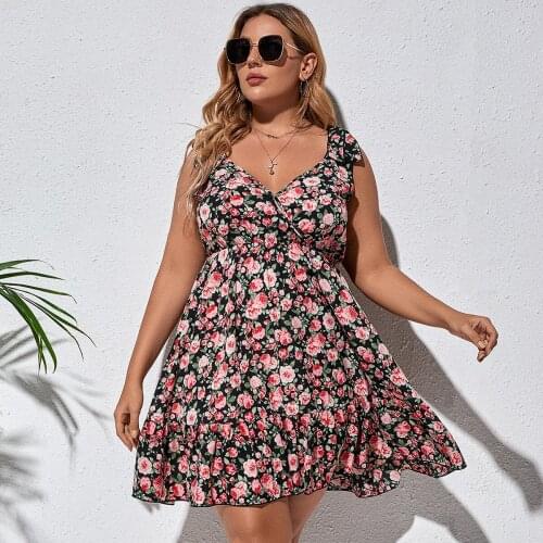 2021 Summer Dress Plus Size Women V Neck Sleeveless Floral Print Beach Dress High Waist Backless Sexy Short Mini Dresses