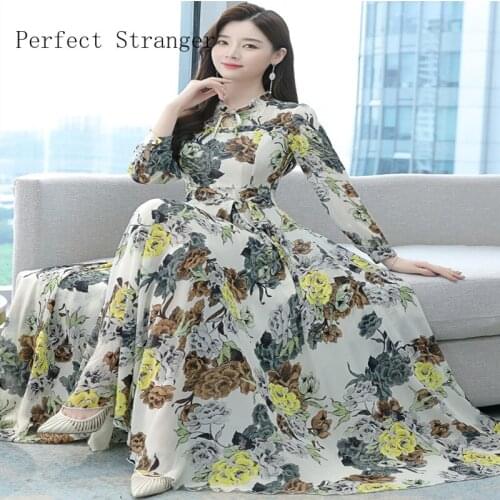 2021 Autumn New Arrival Casual Round Collar Floral Print Long Sleeve Women Chiffon Long Dress High Quality Female Clothing