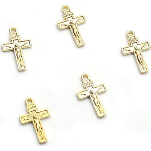 QIGO Gold Color Jesus Cross Pendant Bracelet Accessories Metal Religious DIY Jewelry 10pcs/lot