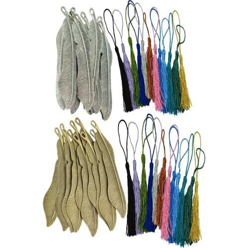 10 Pieces Metal Feather Shape Bookmarks with 12pcs Silky Tassels For Office Silver Bronze
