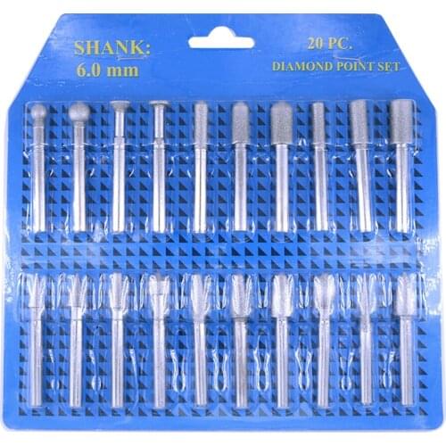 20pcs of Boxed Grinding Head Replacement 6mm Round Handle Diamond Burs Abrasive Emery Grinding Heads Tools Power Tool Parts