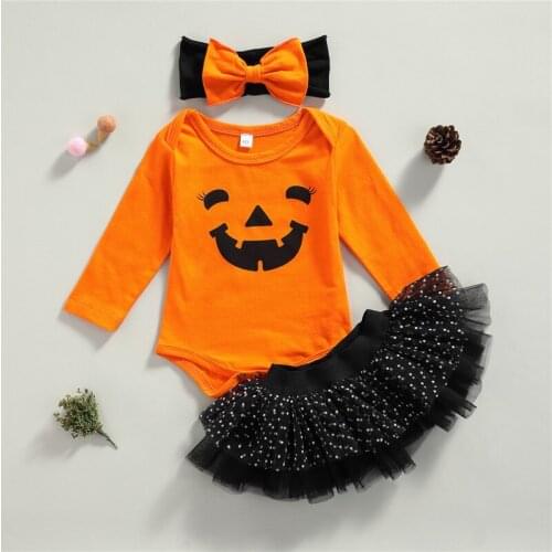 3PCS Baby Clothing Girls Halloween Pumpkin Face Romper Tutu Skirt Headband Child Girl Set Outfits Clothes