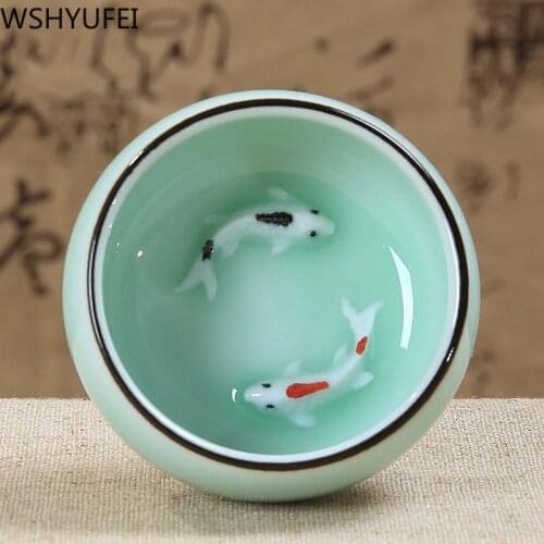 6 pcs/lot Novelty 3D Ceramic Pisces Chinese Tea Mug, Crack Glaze Tourist Tea Bowl Tea set Tea Cup Set Chinese Porcelain Tea Cup