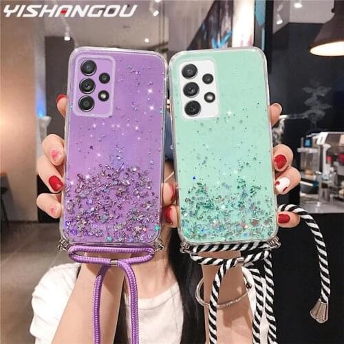 Crossbody Necklace Glitter Case For Samsung Galaxy A52 A72 A32 A12 A22 A82 5G A51 A71 A50 S21 Ultra S20 FE Lanyard Rope Cover