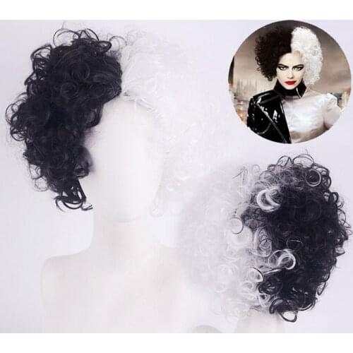 Anime Movie Cruella De Vil Black White Short Curly Wig Cosplay Synthetic Hair Halloween Party Wigs For Women Adult