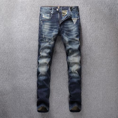 European Vintage Fashion Men Jeans Retro Dark Blue Slim Fit Ripped Jeans Men Streetwear Patch Designer Hip Hop Denim Punk Pants