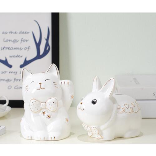 Creative Cute Cartoon Ceramics Lucky Cat Rabbit Piggy Tank Coin and Coin Piggy Tank Pieces Coin Saving Box Home Decor