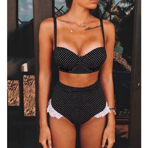 2020 new swimsuit female wave point hard bag lace European and American sexy split bikini beach high waist swimsuit