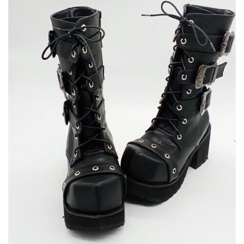 Black High Platform Motorcycle Boots Rhombus Toe Men Punk Martin PU Leather Boots Belt Buckle Mid-calf Shoes Protective Gear