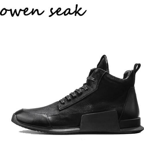 Owen Seak Men Casual Shoes High-TOP Ankle Plush Boots Genuine Leather Sneaker Luxury Trainers Zip Winter Flat Black Shoes
