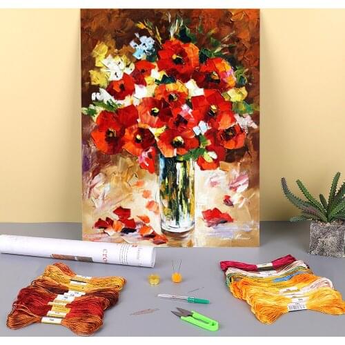 Fall Bouquet Printed Canvas 11CT Cross Stitch Embroidery Complete Kit DMC Threads Handiwork Handicraft Craft Knitting Needle