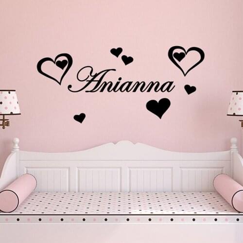 Custom Any Name Wall Sticker Childrens Room Vinyl Decal Boys Girls Bedroom Wall Decoration Love Heart Pattern Art Mural