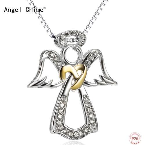 Real 925 Sterling Silver Angel Gold Color Heart Pendant Necklace Choker For Women Girl Gift Fashion Jewelry Hot Sale
