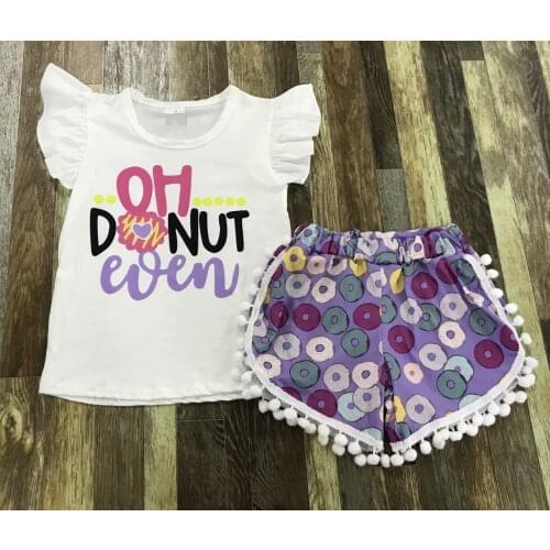 Newest Kids Boutique Clothing Baby girl white lace monogram top summer donut fur ball shorts set