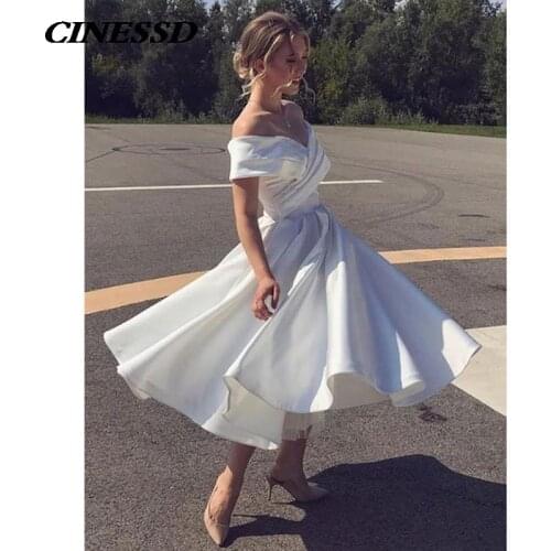 1950s Tea Length Prom Dresses Elegant Off Shoulder White Satin Plus Size Short Formal Party Gown Homecoming Dress Custom Made
