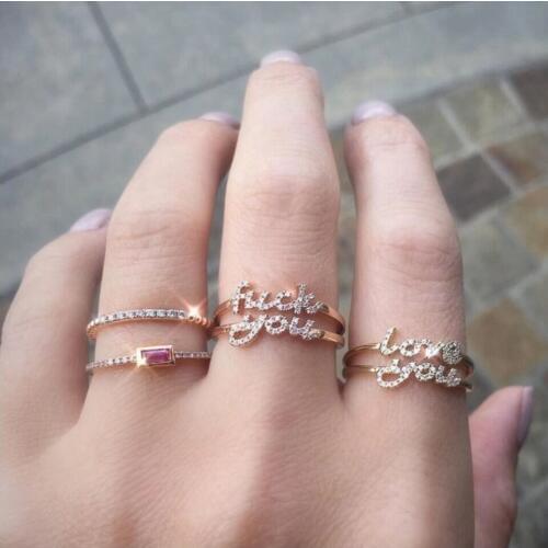 Valentines gift lover girlfriend Gold color micro pave cz initial love you letter finger ring