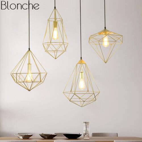 Industral Gold Pendant Lights Modern Nordic Diamond Hanging Lamp for Home Loft Decor Metal Light Fixtures Vintage Luminaire E27