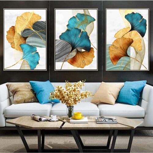 Nordic Ginkgo Leaf Abstract Poster Canvas Print Gold Blue Yellow Wall Art Painting Contemporary Picture Living Room Decoration