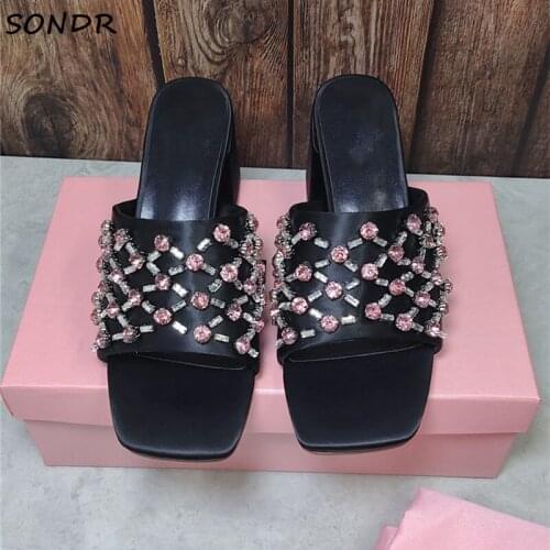 New Fashion Women Crystal Ladies Slippers 2021 Brand Design Slip On Outdoor Slides Mules Summer Female Chunky Heels Party Shoes