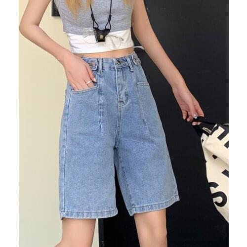 Ailegogo New Summer Ladies Retro High Waist Streetwear Pockets Jeans Shorts Women Casual Denim Loose A Line Wide Legs Shorts