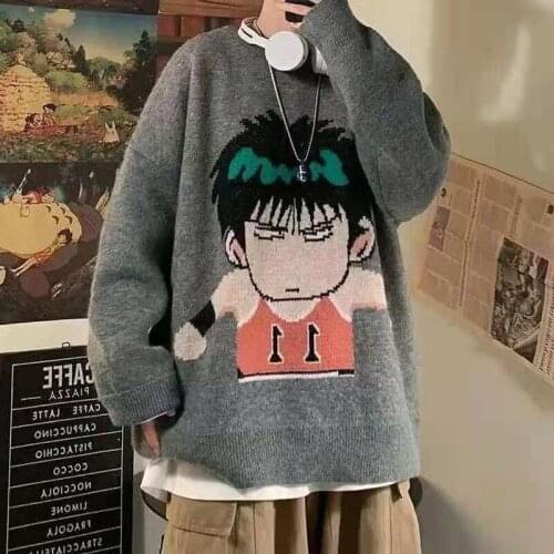 Blue Cartoon Boy Jacquard Vintage Knit Sweater Women O-Neck Pullover Plus Size Korean Tops Harajuku Female Fall Winter Sweaters