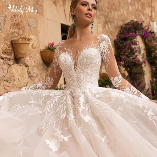 Adoly Mey Gorgeous Appliques Long Sleeve A-Line Wedding Dresses 2020 Elegant Scoop Neck Button Court Train Vintage Bridal Gown