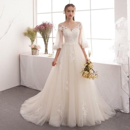 Boho Wedding Dresses O-Neck Appliques A-Line Beads Tulle Bride Gown Simple Bridal Dress Sweep Train Robe De Mariée 2021