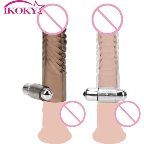 IKOKY Reusable Penis Sleeve Vibrator Penis Rings Delay Ejaculation Strong Vibration Sex Toys For Men Male Penis Enlargement